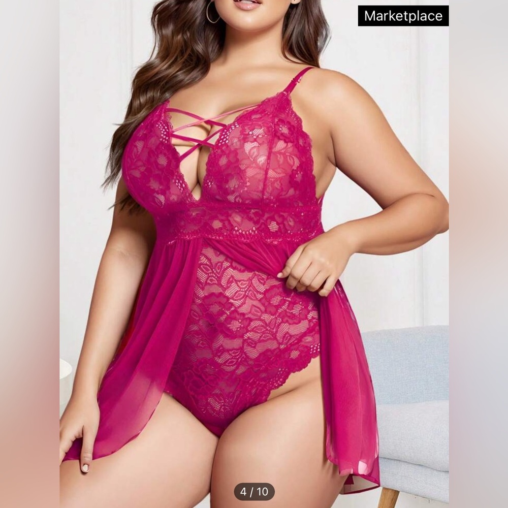 Women's Plus Size Lingerie Babydoll V-Neck Crochet Lace Bodysuit